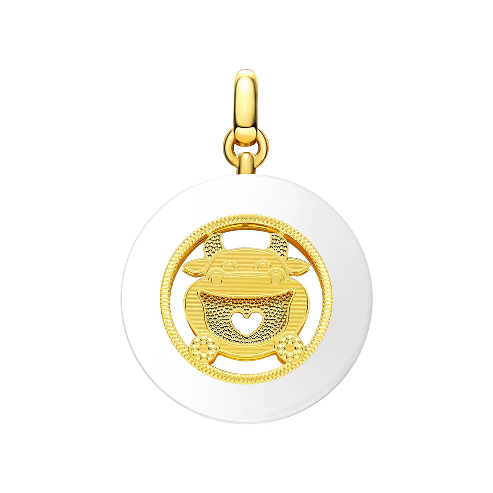 Whimsical Zodiac Collection · Year of the Ox 5G Gold & Hetian White Jade Peace Disk