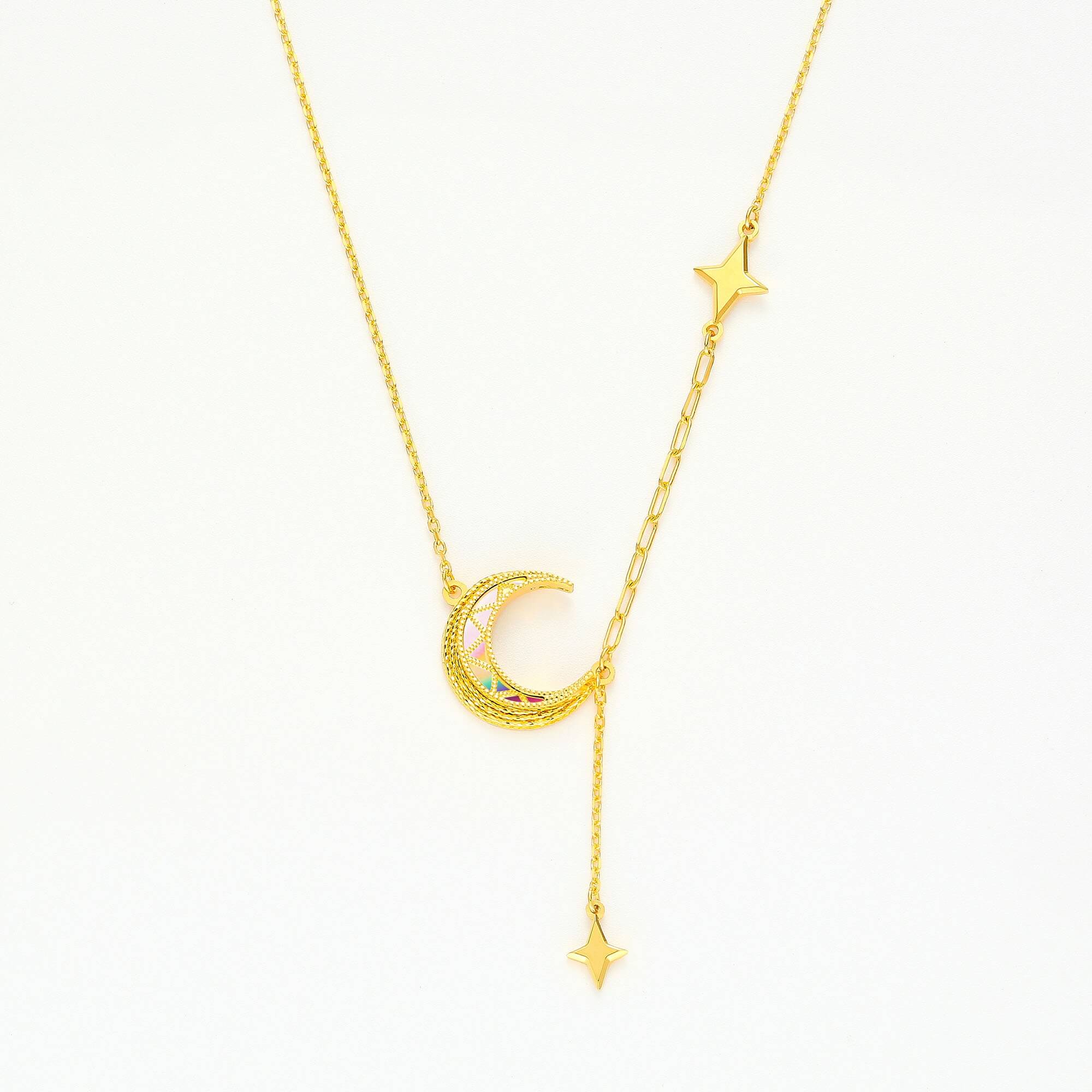 Cosmic Trails · 5G Gold Iridescent Star & Moon Necklace