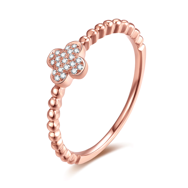 18K gold diamond ring with four-leaf clover cluster setting, small diamond ring.
